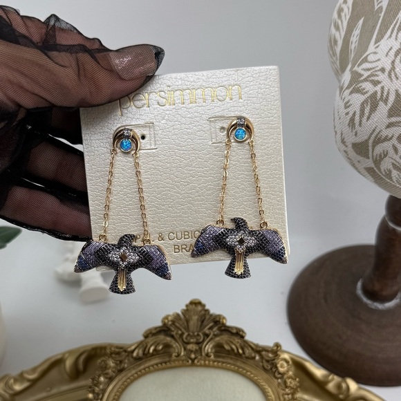 Persimmon Opal & Cubic Zirconia Bird Drop Earrings – Luxe Boho Statement - Picture 5 of 10